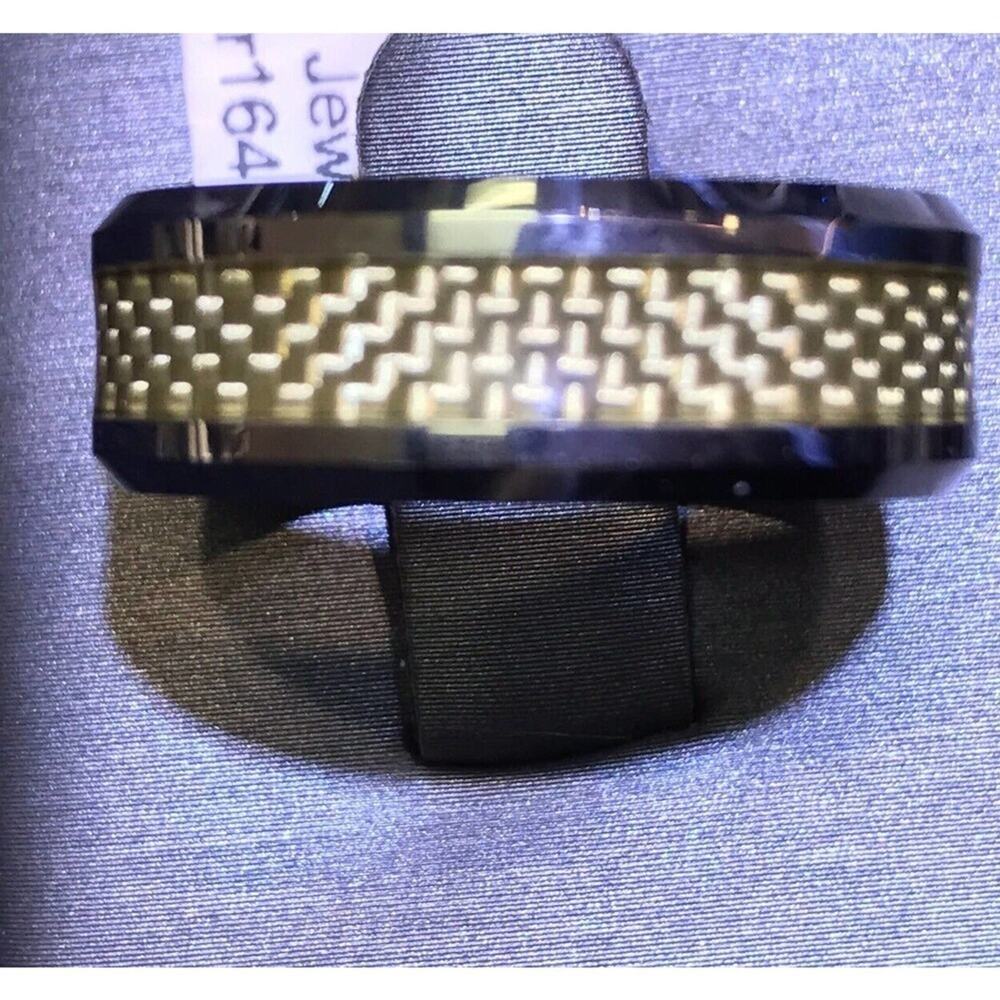 Mens Tungsten Ring Sz9.5 Black/Woven Gold Color Ctr Strip Unique Look New W Tags